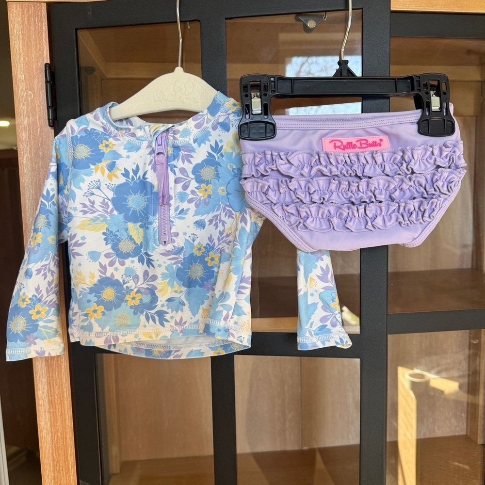 RuffleButts Long Sleeve swimsuit set Rash Guard Pristine Blooms floral baby girl